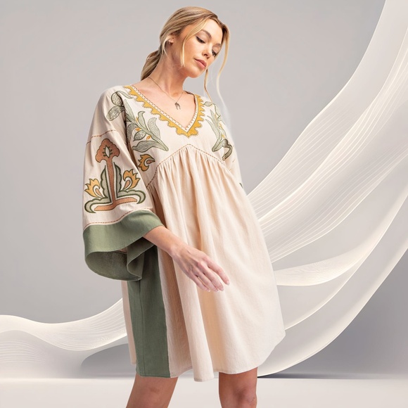 EASEL "Desert Flower" Xtra Full Comfy Linen-Look Embroidered Tunic Dress Pockets - Picture 8 of 15
